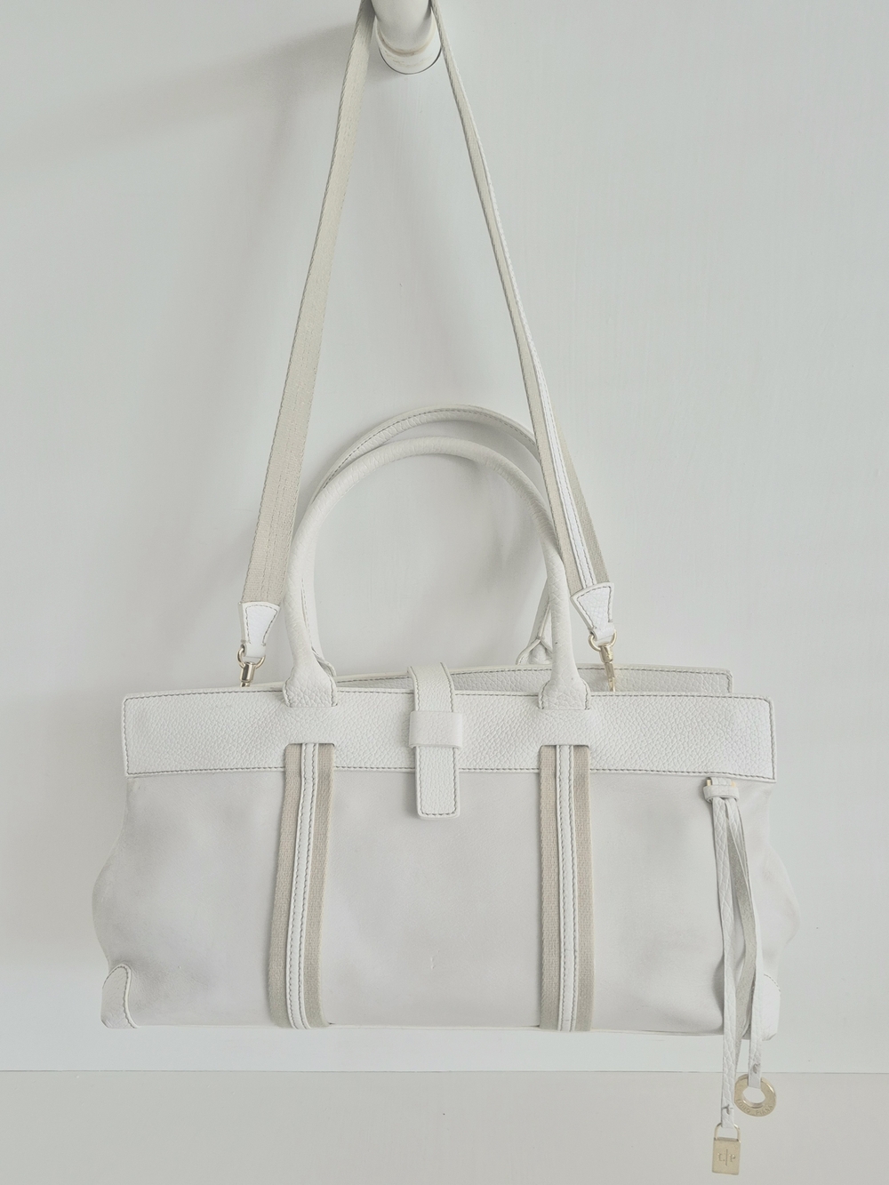 Loro Piana Large White on White Leather Bellevue Satchel/Shoulder Bag